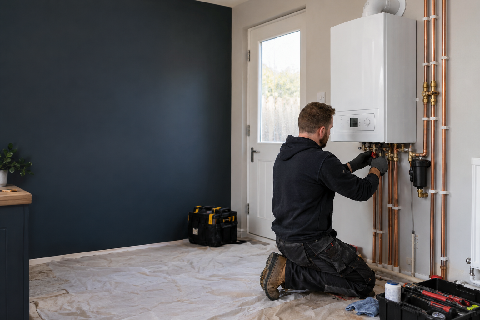 Heating engineer installing a new condensing boiler in a British home